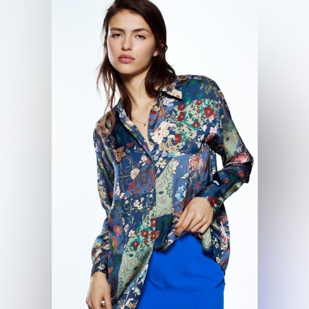 Zara Floral Patchwork Style Satin Button-Down Shirt XS Blouse Bohemian Lagenlook